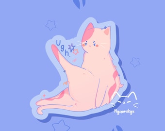 May include: A pink cat sticker with a grumpy expression and the word "Ugh" in a speech bubble. The cat has pink and white stripes and is set against a blue background with stars and other shapes.