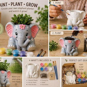 Op de afbeelding: Een doe-het-zelf knutselset met een olifantenplanter, verf en zaden, met de tekst "PAINT PLANT GROW". De grijze olifantenplanter heeft roze oren en een bloem. Een leuk en creatief cadeau voor kinderen.