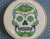 Green Sugar Skull COMPLETE original one off cross stitch framed in the hoop
