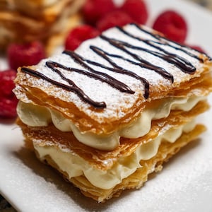 May include: A layered pastry dessert with cream filling, powdered sugar, and chocolate drizzle. Fresh raspberries are arranged around the pastry on a white plate. The dessert has a flaky, golden-brown crust.