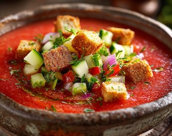 Descarga la receta auténtica de gazpacho, sopa fría española, tarjeta de recetas mediterráneas de verano.