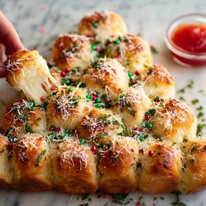 Könnte beinhalten: Ein weihnachtsbaumförmiges Brot mit geschmolzenem Käse, Kräutern und geriebenem Käse. Rote und grüne Streusel sorgen für festliche Farben. Eine Hand zieht ein Stück Brot heraus.