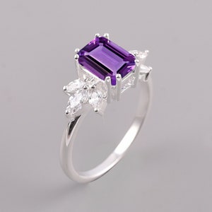 Genuine Amethyst Engagement Ring, Simple Solitaire Ring, Octagon 8x6mm Ring, 925 Silver Ring, Bridal Ring for Her Gift, Girl Silver Ring