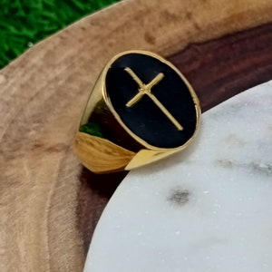 Cross ring for men, Signet Ring, 925 Silver, Wide Band, Christian Ring, Baptism Gift, Gift For Him, Mens Ring, Yellow Gold Ring, Enamel Ring