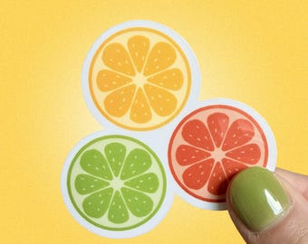 May include: A sticker featuring three circular citrus fruit slices arranged in a cluster. The top slice is yellow, the bottom left slice is light green, and the bottom right slice is a reddish-pink color, all with white borders and visible segments.