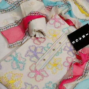 きらめく刺繍コットンサルワールカミーズスーツシーケンスドゥッパタ未縫製カスタムステッチ縫製オーダーレディース服ウェディングギフトパーティー