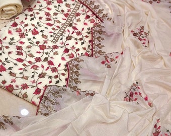 Kashmiri Embroidered Silk Salwar Kameez Suit: Chiffon Duppata, Unstitched/Stitched