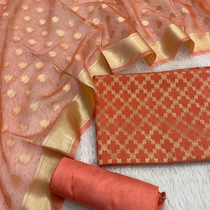 Banarasi Silk Salwar Kameez Fabric: Organza Zari Dupatta, Unstitched