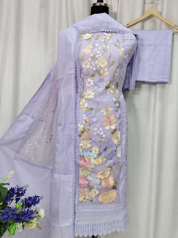 Floral Embroidered Cotton Organza Duppata: Unstitched Indian Salwar Suit