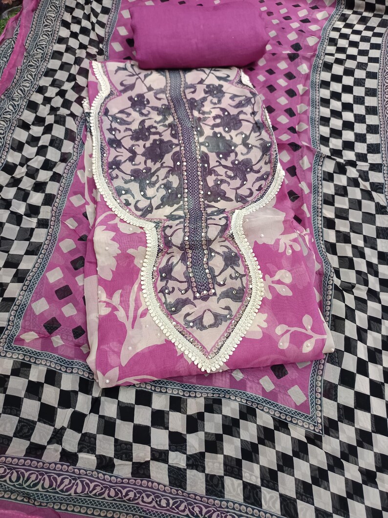 Organza Digital Printed Embroidered Salwar Kameez Indian fashion Suit Designer Duppata Custom Stitched image 3