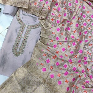 Flowing Banarasi Woven Gown with Gold Embellished Dupatta & Ethnic Buttons