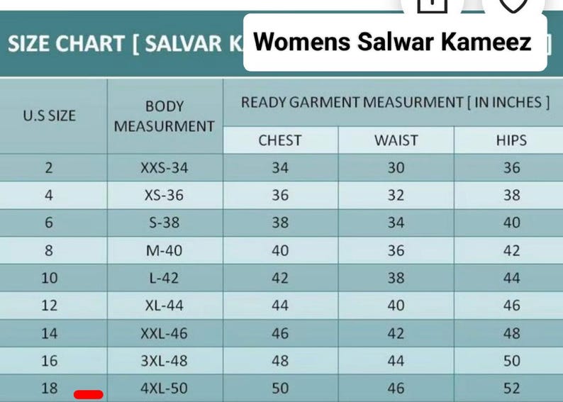 May include: A size chart for women's Salwar Kameez, displaying measurements in inches. The chart includes U.S. sizes from 2 to 18, with corresponding body measurements for chest, waist, and hips. The text "Womens Salwar Kameez" is at the top.