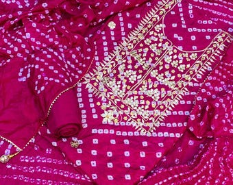 Hand Embroidered Muslin Silk Suit: Bandhani Duppata, Custom Stitch