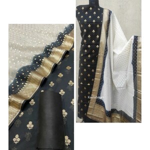 Banarasi Handloom Dress Material with Contrast color Handloom weaving & Tasseled Dupatta