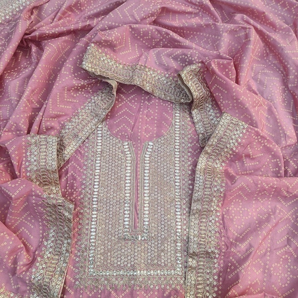 Silk Bandhani Suits Zari Tilla Embroidered Duppata custom orders women girls Dress Fabrics Indian Wedding Kameez Marriage Shaadi Gifts Stole