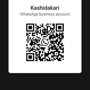 May include: A white square card featuring a black circular logo with the text Kashidakari at the top, followed by the text Kashidakari WhatsApp business account, a large black and white QR code, and the text Scan this code to start a WhatsApp chat.