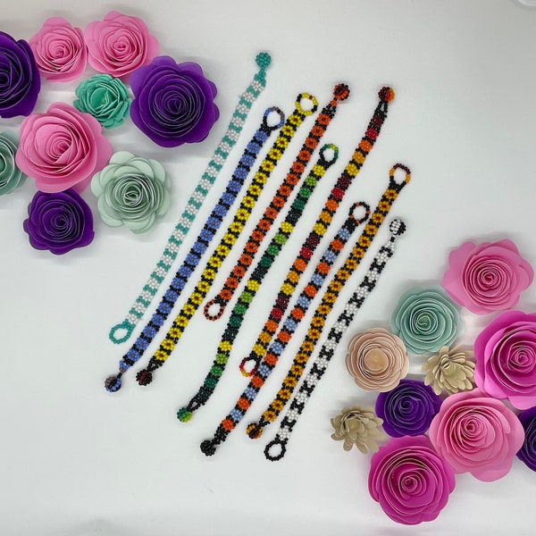 Colorful Handmade Huichol Pattern Flower Daisy Beaded Bracelets