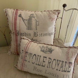 Pair French Style Pillows with gardening motif and a great address pillow- Jardin Botanique & Etoile Royale - Grainsack with garden design.