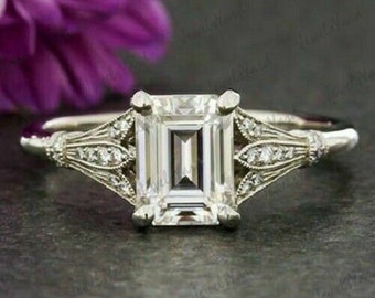 Art Deco Ring 14K White Gold Vintage Anniversary Ring Emerald Moissanite Engagement Ring Diamond Wedding Ring Promise Ring Anniversary Gift
