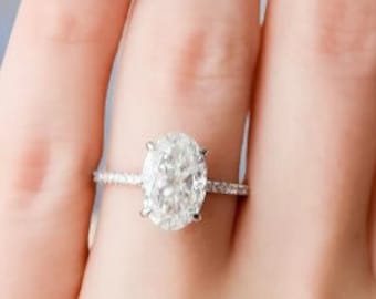 Oval Moissanite Engagement Ring Oval Diamond Anniversary Ring Promise Ring for Her, Oval Solitaire Wedding Ring, 14K White Gold Wedding Ring