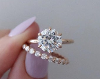 2CT Round Cut Moissanite Wedding Ring Set 14K Rose Gold Anniversary Ring Set Art Deco Ring Set Solitaire Ring Promise Ring Anniversary Gift