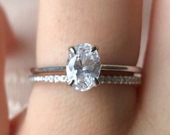 0.75 CT Oval Moissanite Engagement Ring Set Oval Wedding Ring Set 14K White Gold Anniversary Ring Set Anniversary Gift Promise Ring for Her