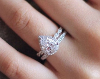 Pear Shape Moissanite Wedding Ring Set 14K White Gold Anniversary Ring Set, Pear Cut Engagement Ring, Promise Ring, Anniversary Gift for Her