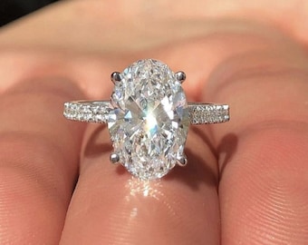 Anillo de compromiso de moissanita ovalada de 3 quilates en oro blanco de 14 quilates, anillo de aniversario, anillo de promesa, anillo de boda ovalado para mujer, regalo de aniversario para ella.