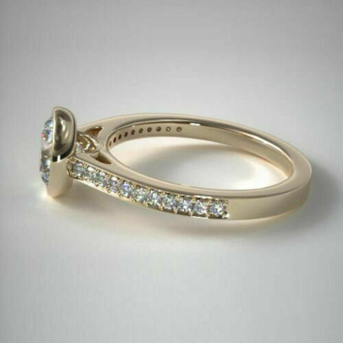 Round Cut Moissanite Engagement Ring 14K Yellow Gold Wedding Ring Bezel ...