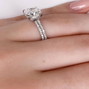 Cushion Cut Moissanite Wedding Ring Set Cushion Cut Engagement Ring Hidden Halo Anniversary Ring Set Anniversary Gift Promise Ring image 4