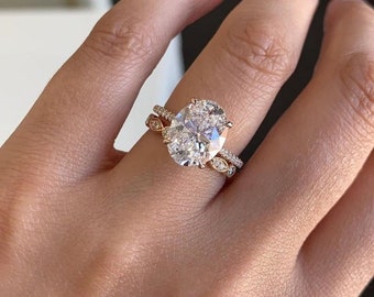 Elegant Oval Moissanite Engagement Ring Set with Matching Pave Band in 14k Rose Gold, Classic Bridal Jewelry Set Timeless Bridal Set