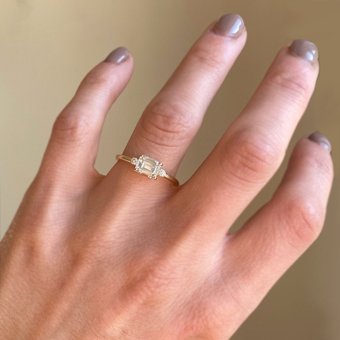 East West Emerald Cut Engagement Ring Emerald Moissanite Etsy