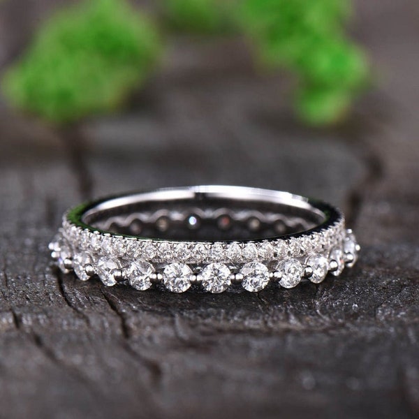 Moissanite Wedding Band 14K White Gold Wedding Ring, Round Cut Diamond Engagement Ring, Twin Wedding Band, Promise Ring, Anniversary Gift