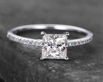 1 CT Princess Cut Moissanite Ring Classic Solitaire Moissanite Ring Vintage Engagement Ring 14K White Gold Wedding Ring Promise Ring