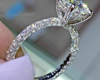 2 CT Round Cut Lab Grown Diamond Engagement Ring 14K White Gold Pave Setting Wedding Ring, Anniversary Ring for Woman, Promise Ring, Gift