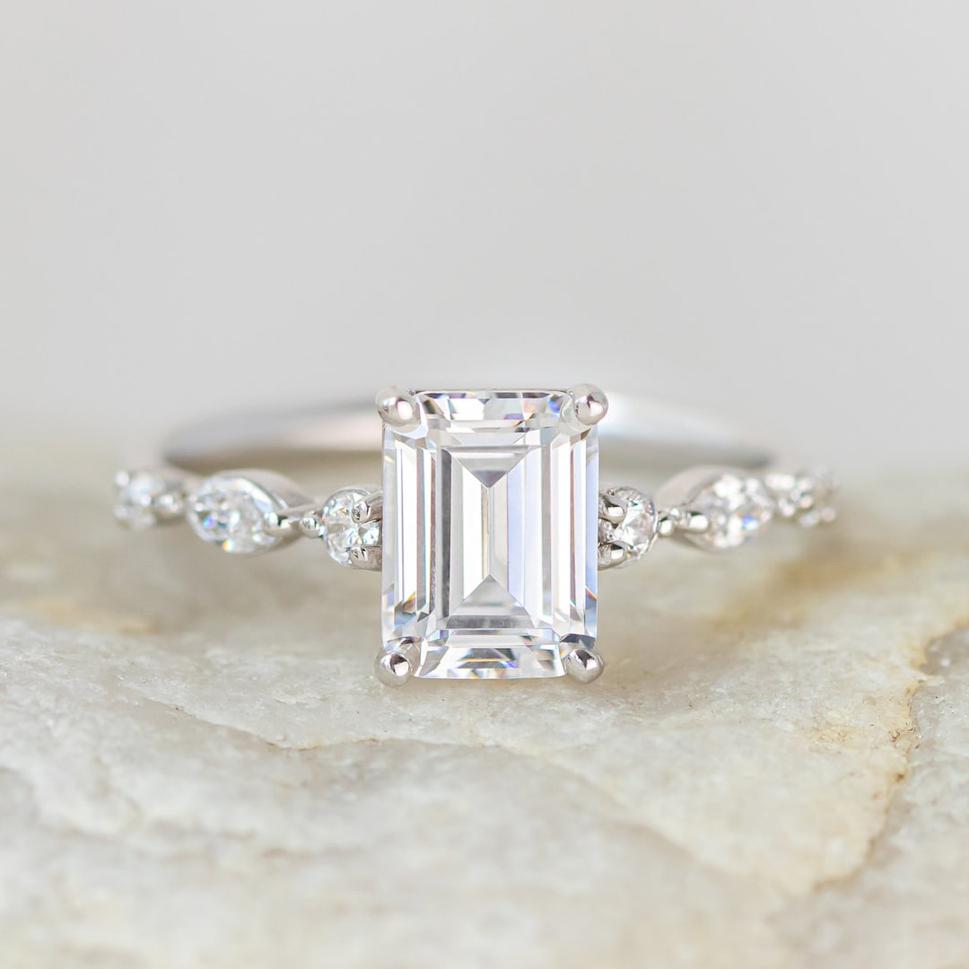 Emerald Cut Moissanite Engagement Ring 14K White Gold Wedding Ring