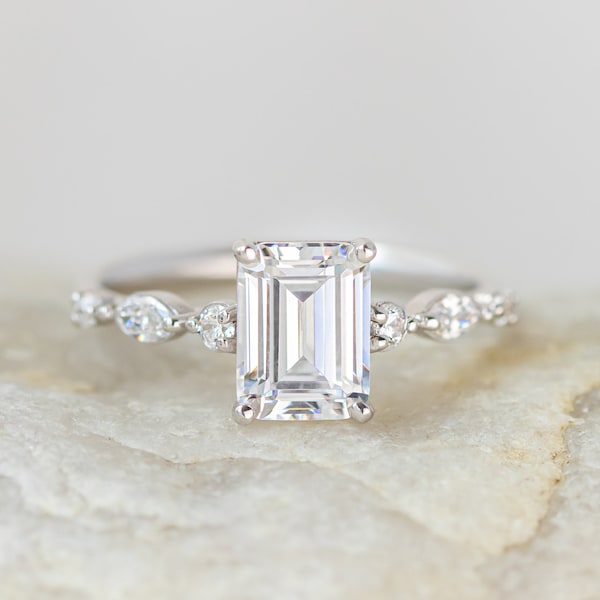 Emerald Cut Moissanite Engagement Ring 14K White Gold Wedding Ring, Diamond Anniversary Ring Promise Ring for Her Anniversary Gift