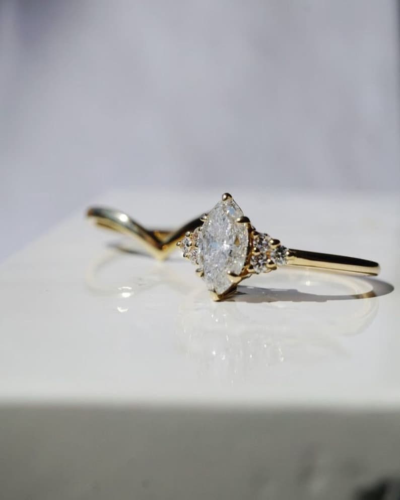 Marquise Cut Moissanite Wedding Ring Set Plain Wedding Band 14K Yellow Gold Anniversary Ring Set Promise Ring Anniversary Gift Promise Ring image 3