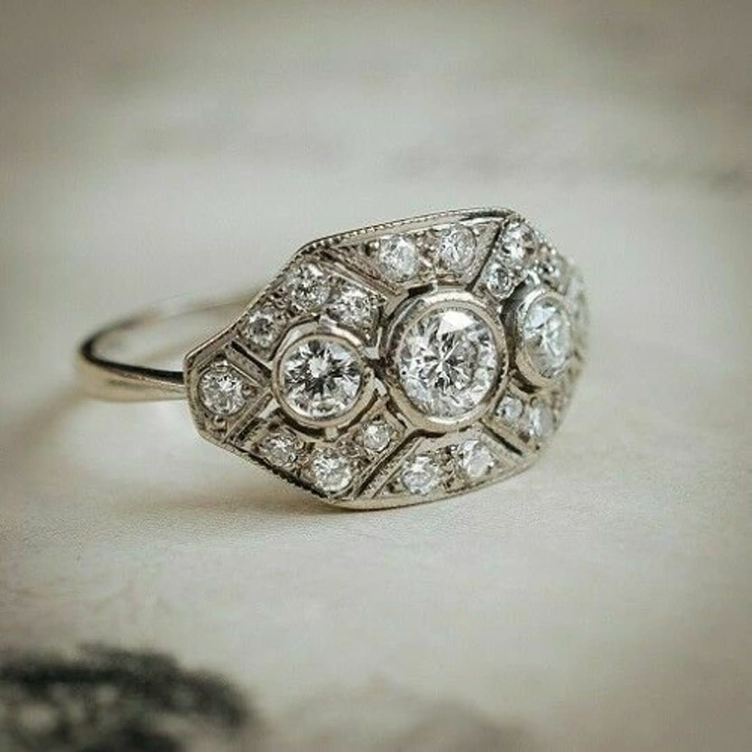 14K White Gold Art Deco Wedding Ring Art Deco Engagement Ring Round ...