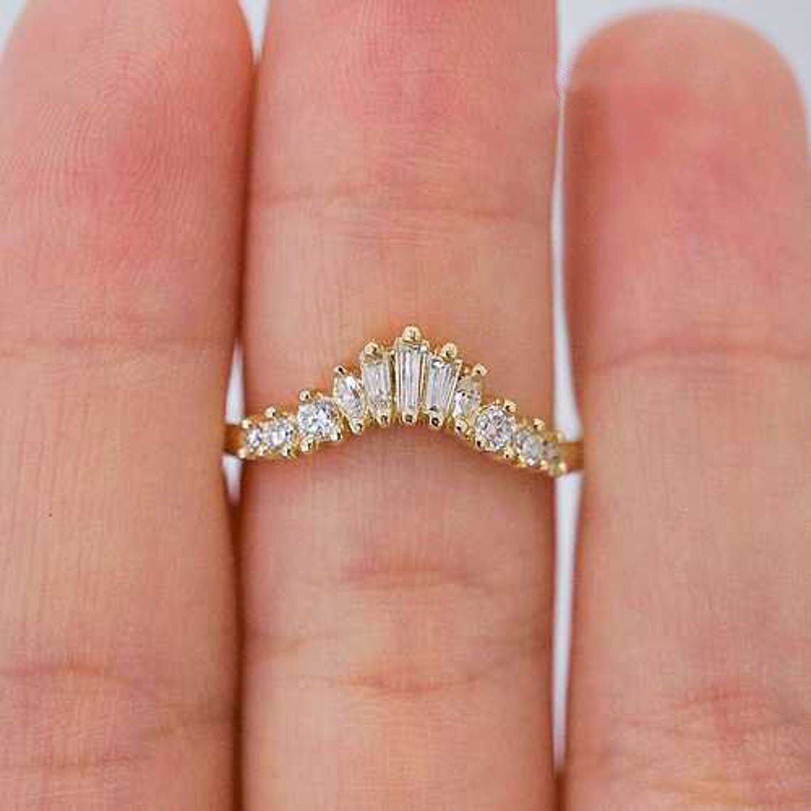 Baguette Moissanite Wedding Band 14K Yellow Gold Wedding Ring Curved ...