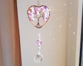 Crystal Suncatcher, Amethyst Heart Tree of Life, Rainbow Prism Ball Light Catcher, Window Deco, Car Decoration