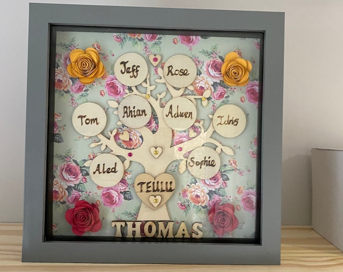 Wooden Family Tree (Large) / Coeden Teulu Pren . Framed. Ideal Birthday gift.