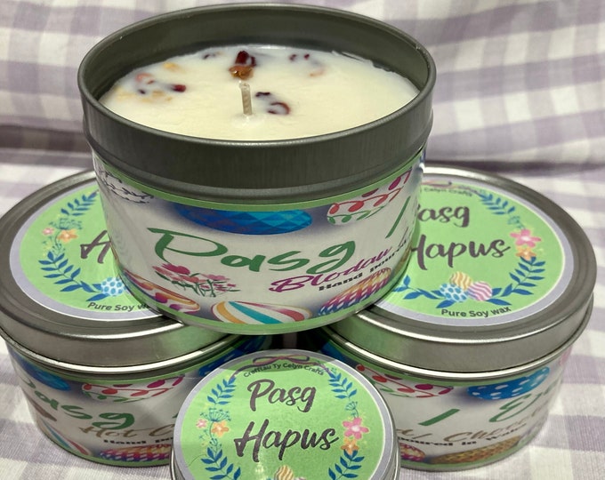 Handpoured soy ‘Pasg Hapus’ / Welsh Pasg Hapus (Happy Easter) candle. 200ml in tin