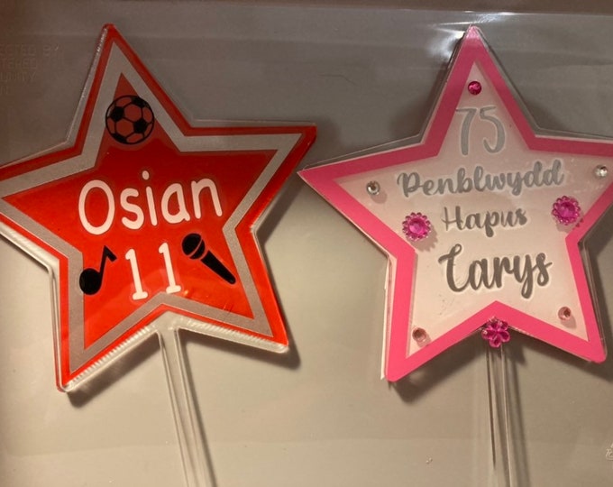 Personalised Acrylic star  cake topper / Topper cacen wedi personaleiddio