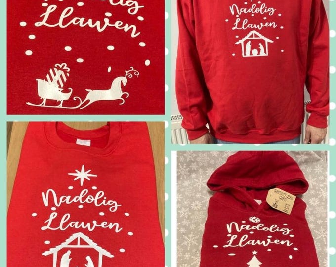 Hwdi coch ‘Nadolig Llawen’  dewis o ddyluniad / Nadolig Llawen (Merry Christmas) red hoodie. Hwdi wedi personaleiddio