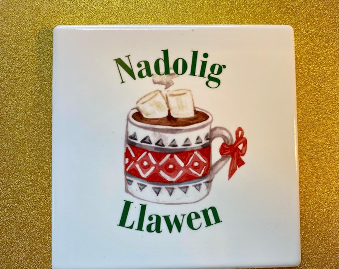 Single /Set of 4 or Set of 6. Coaster seramig  Nadolig Llawen  / Nadolig Llawen(Merry Christmas) Coaster. Can be personalised on request