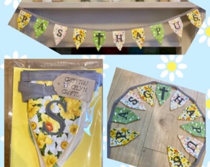 Banner / bynting Pasg Hapus ffabrig. / Handmade Fabric Happy Easter bunting. Reusable 100% cotton