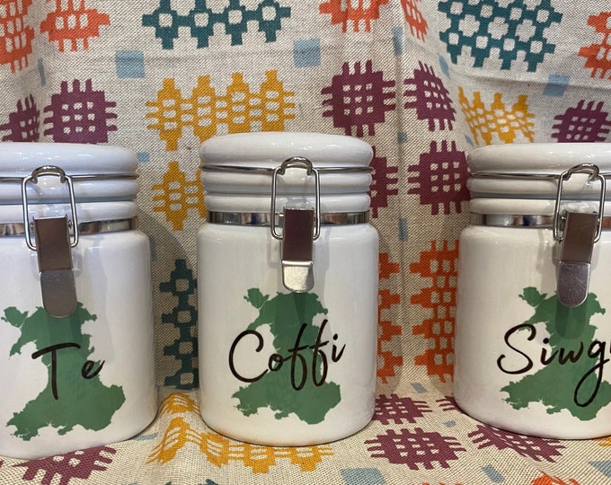 Nwyddau cegin Cymraeg - Set Tê , Coffi , Siwgr/ Welsh kitchen storage jars Tea, Coffee & Sugar choice of designs