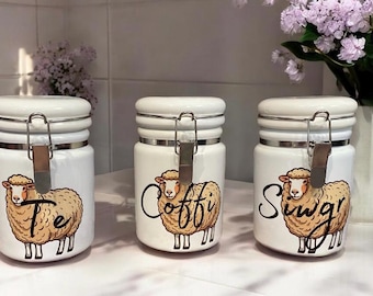 Nwyddau cegin Cymraeg - Set Tê , Coffi , Siwgr/ Welsh kitchen storage jars Tea, Coffee & Sugar choice of designs
