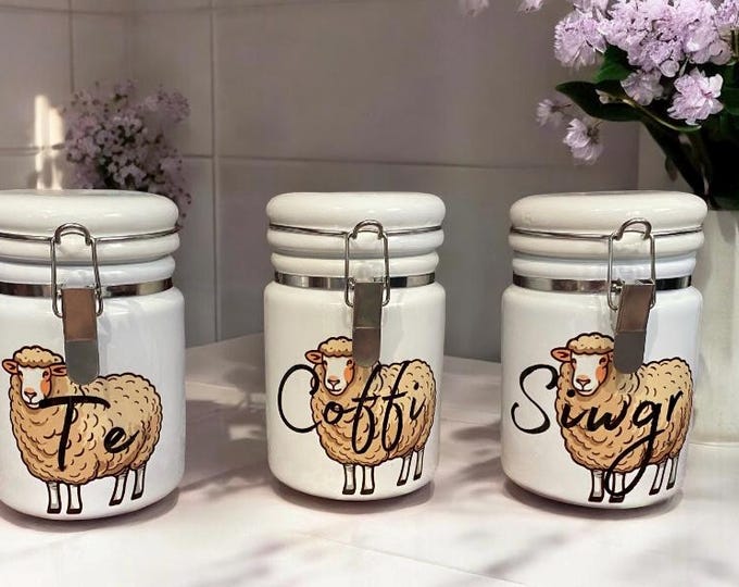 Nwyddau cegin Cymraeg - Set Tê , Coffi , Siwgr/ Welsh kitchen storage jars Tea, Coffee & Sugar choice of designs
